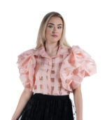 Bubble sleeve sheer check blouse