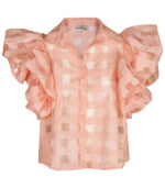 Bubble sleeve sheer check blouse
