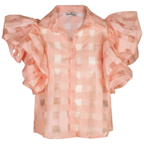 Bubble sleeve sheer check blouse
