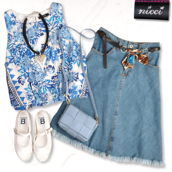 Belted raw-edge midi denim skirt