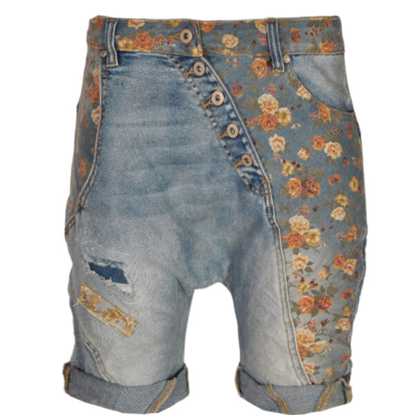 Asymmetrical button rose print harem denim shorts