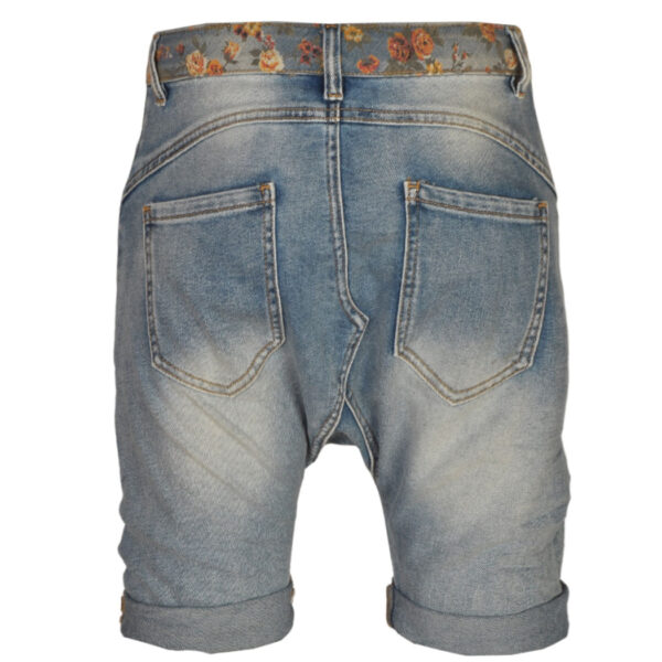 Asymmetrical button rose print harem denim shorts