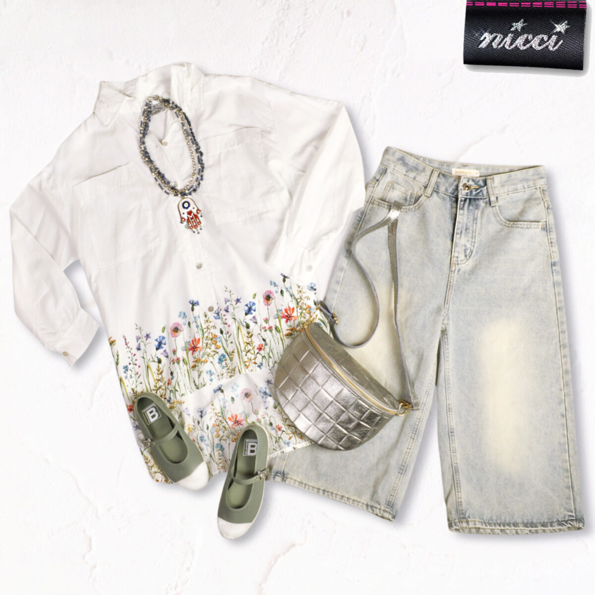 Hi-lo flower border oversized shirt