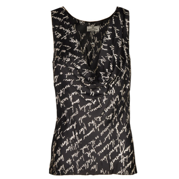 Word print cowl neck silky top