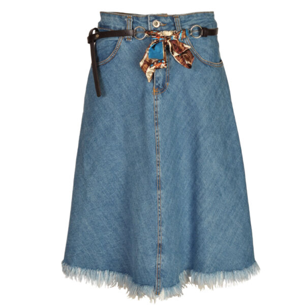 Belted raw-edge midi denim skirt