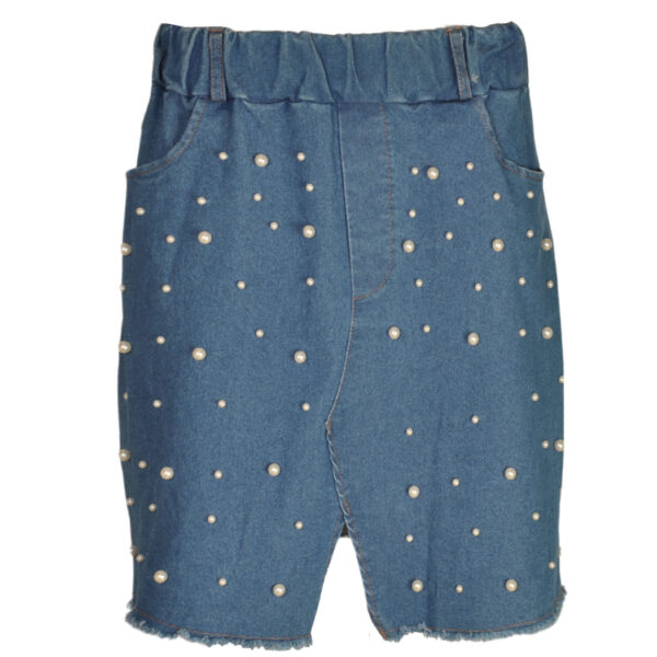 Pearl detail raw-edge mini denim skirt