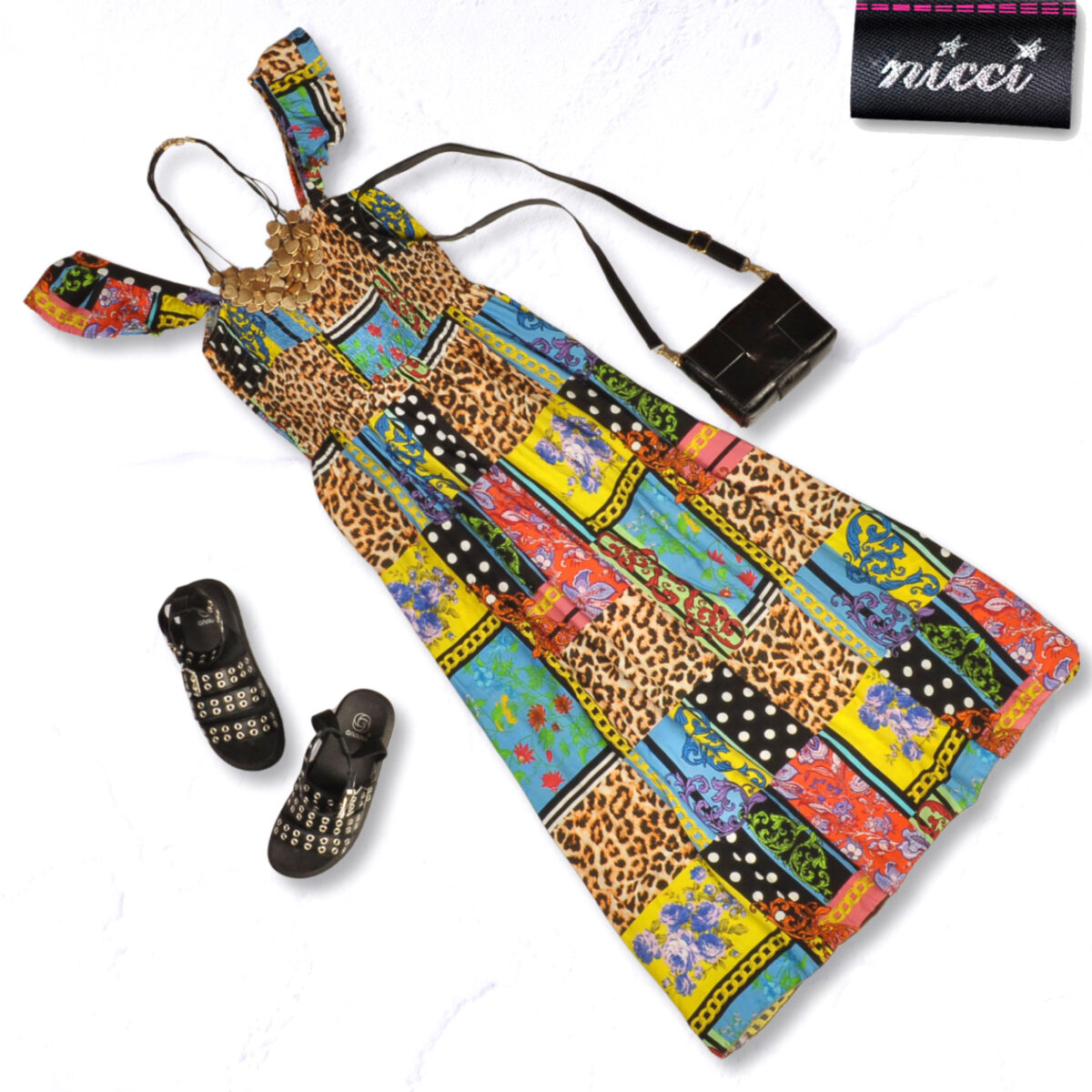 Multi patch frill maxi dress