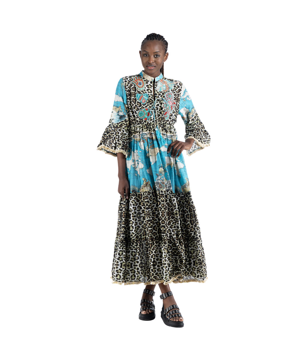 Leopard print world map beaded maxi dress
