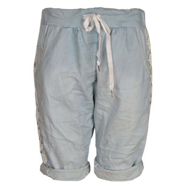 Lace side panel denim shorts