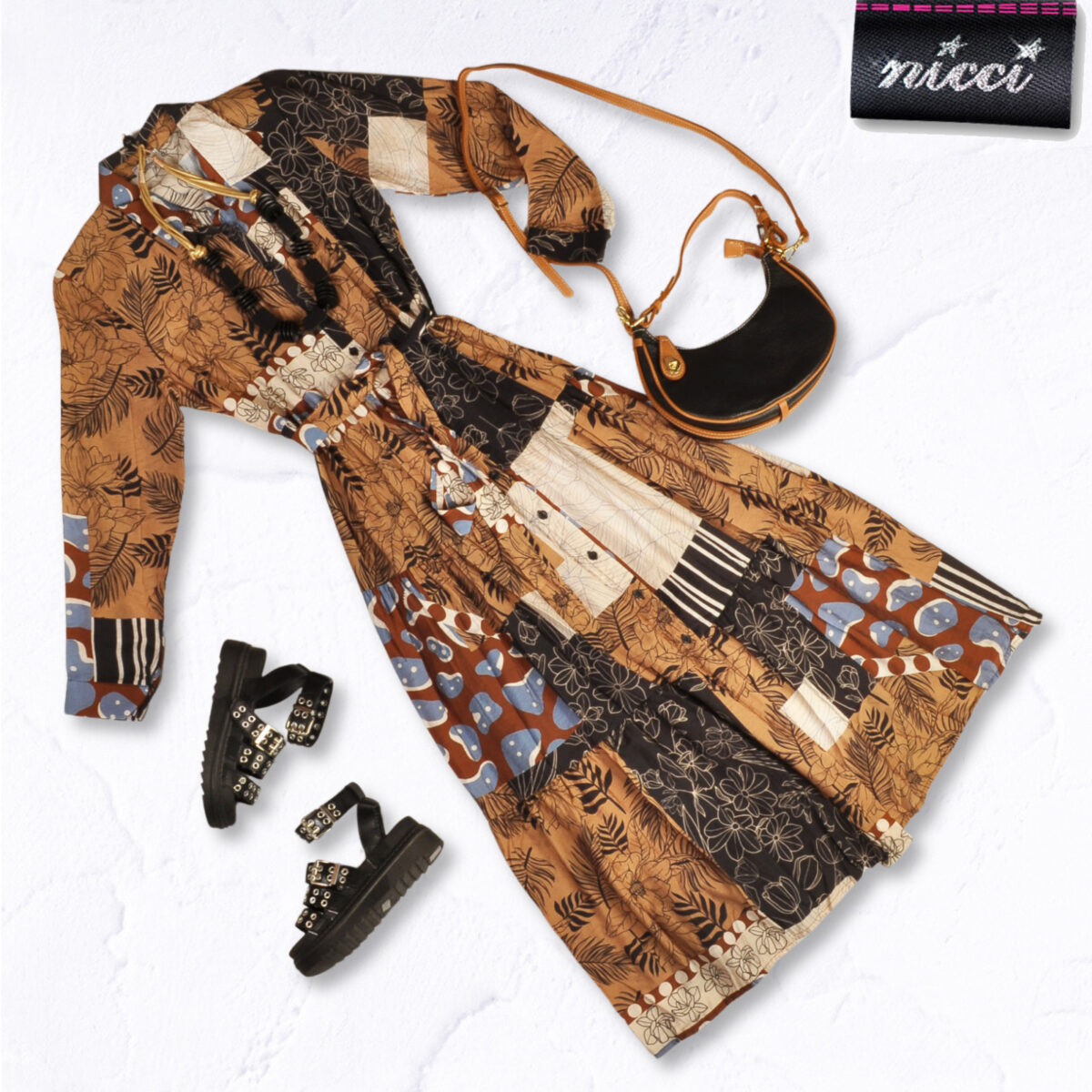 Multi floral patch belted dress