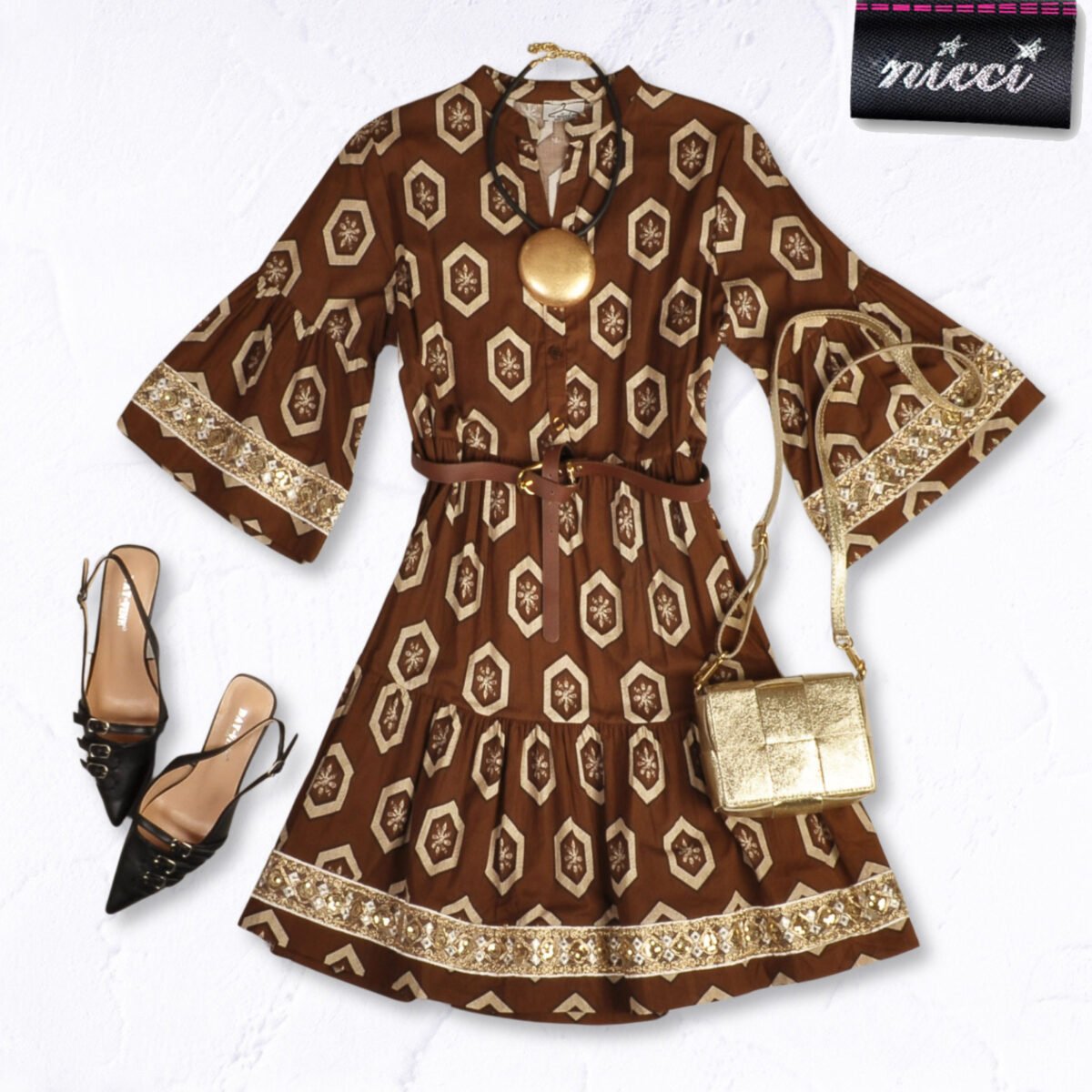 Braided trim belted mini dress