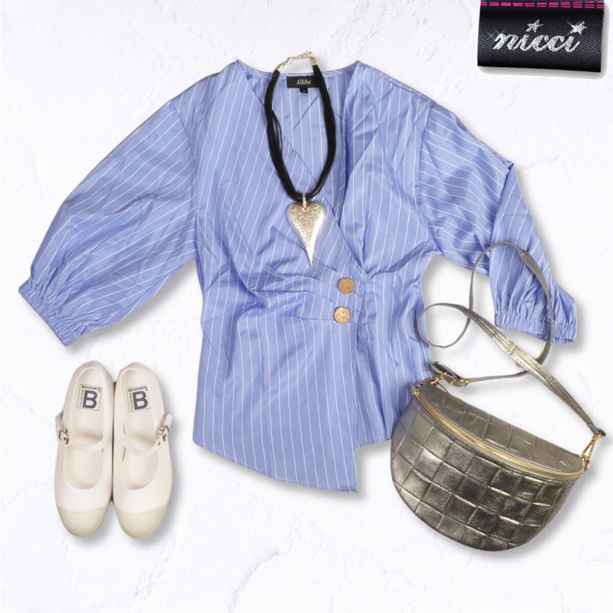 Pleated stripe crossover blouse