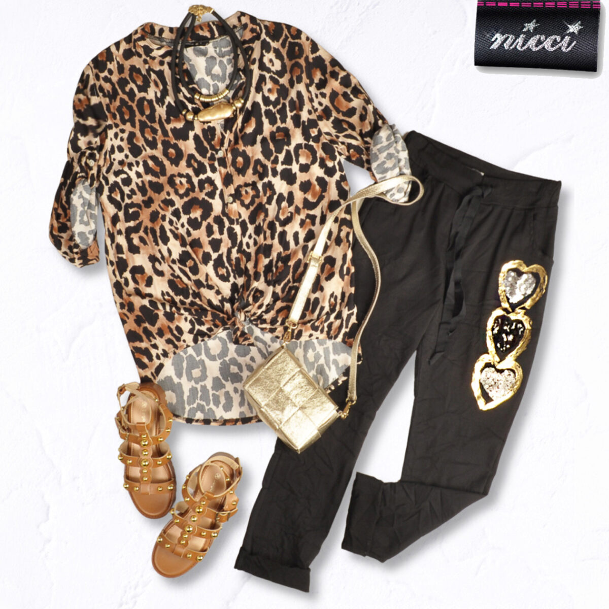 Sequin foil heart detail pants