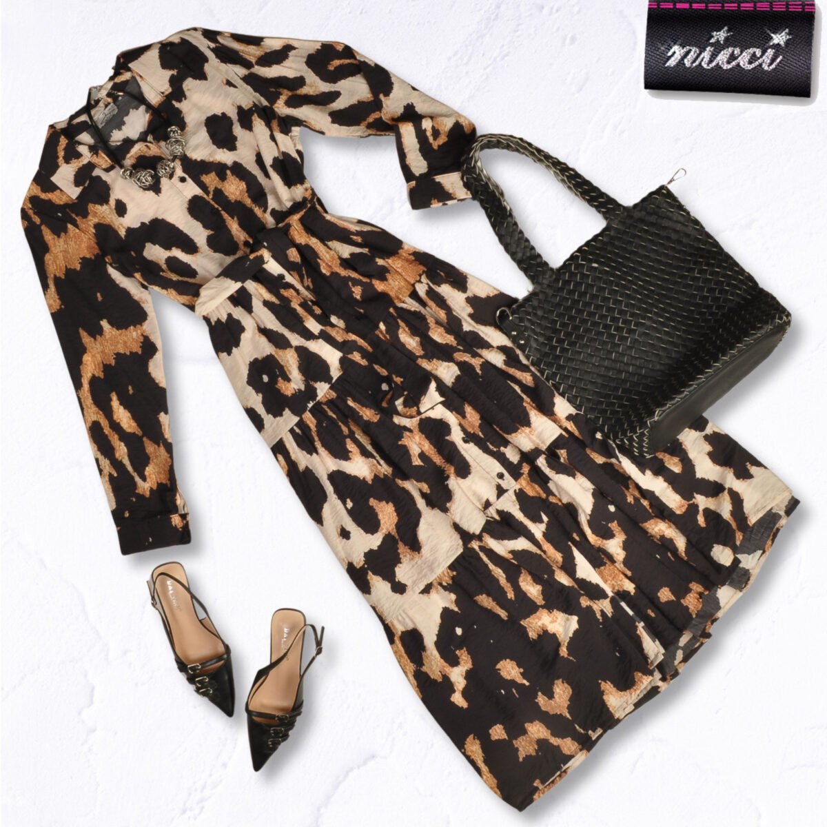 Animal print belted tiered dress