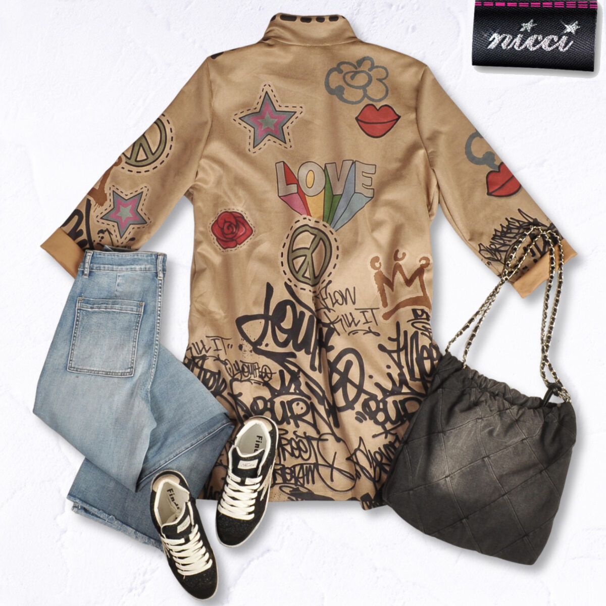 Graffiti peace love print suedette coat