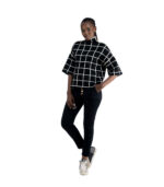 Window box check print crop sleeve knit top