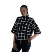 Window box check print crop sleeve knit top