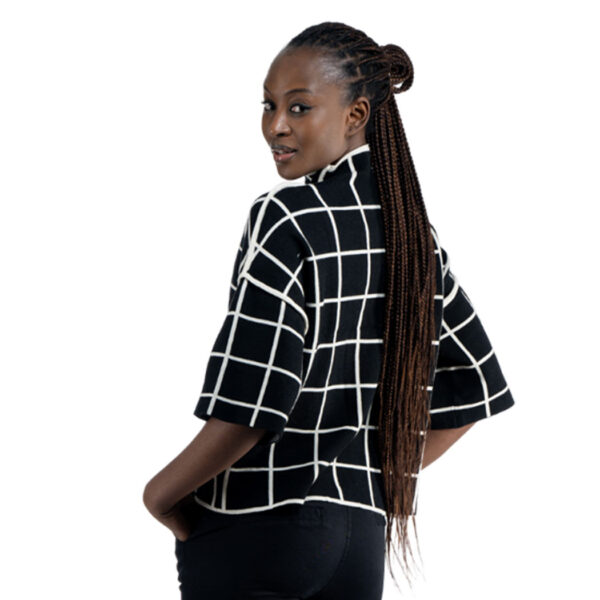 Window box check print crop sleeve knit top