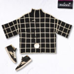 Window box check print crop sleeve knit top