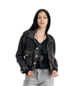 Textured crop denim jacket
