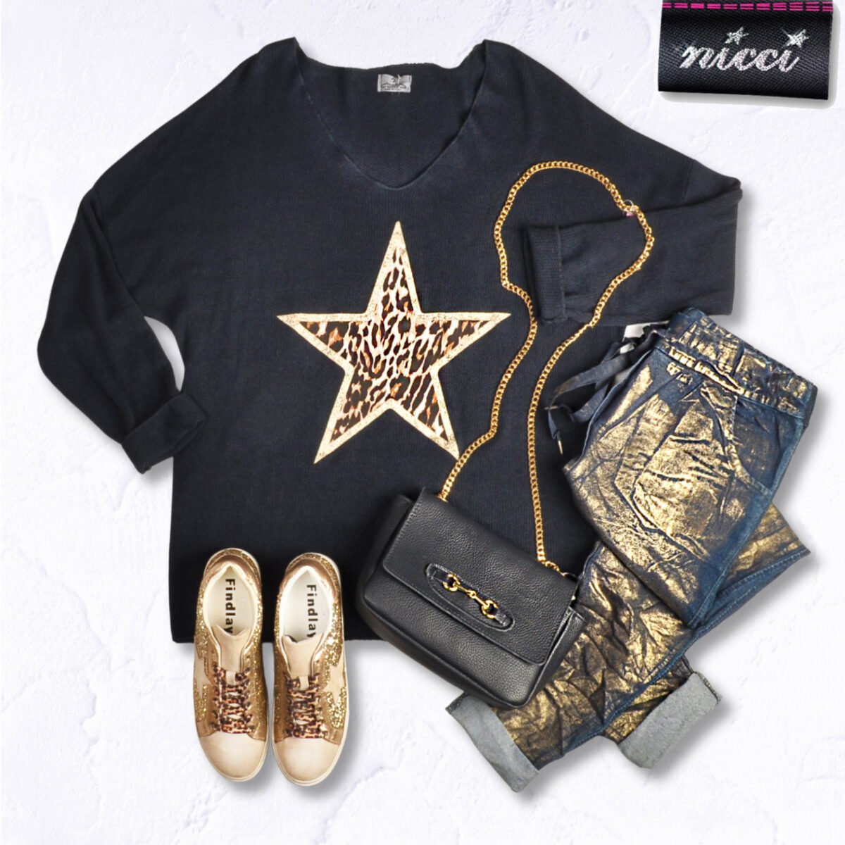 Glitter star animal print knit top