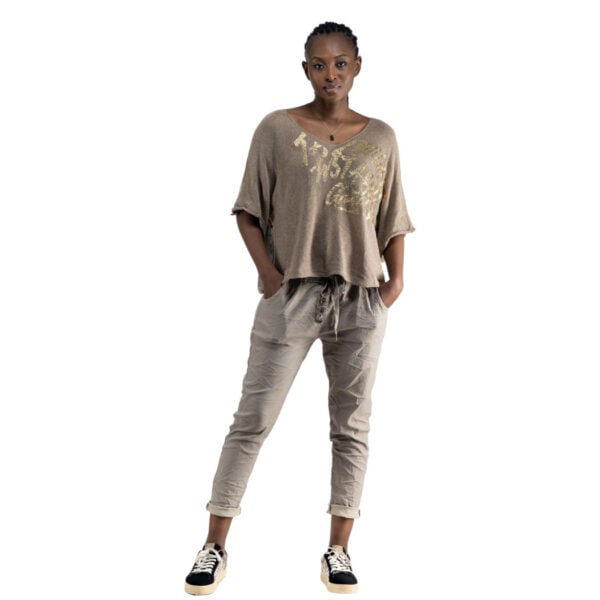 Gold foil word print oversized knit top