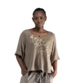 Gold foil word print oversized knit top