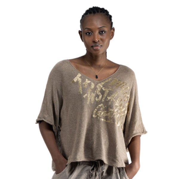 Gold foil word print oversized knit top