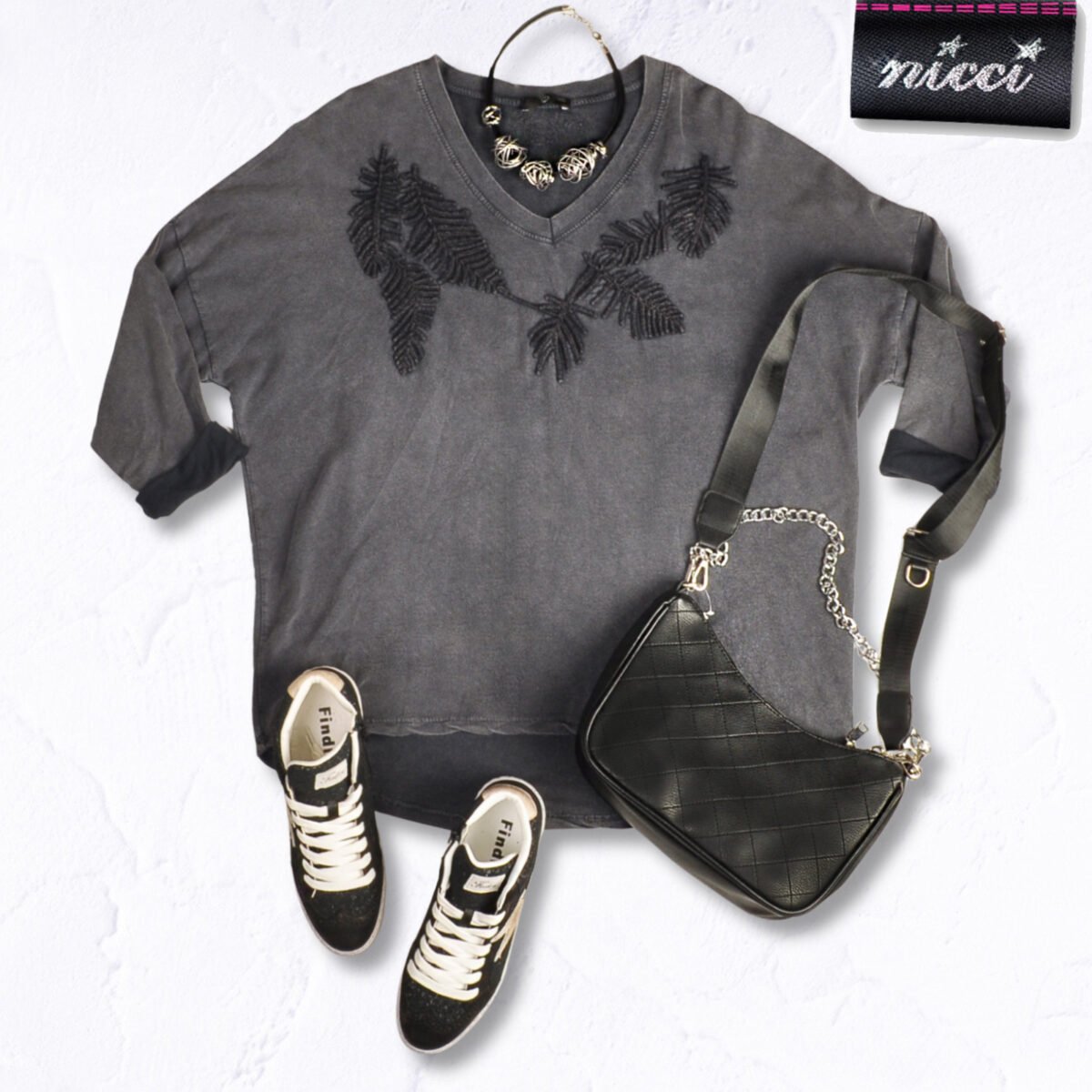 Embroidered leaf washed hi-lo sweatshirt