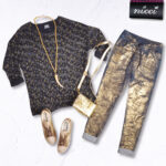 Hi-lo wavy stripe animal print knit top