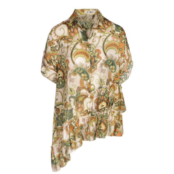 Asymmetrical frill paisley print blouse 