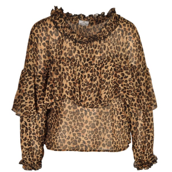 Leopard print frill sheer blouse
