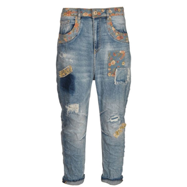 Brocade rose print patch jeans