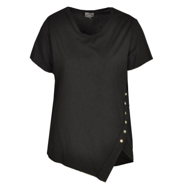 Asymmetrical button raw-edge top