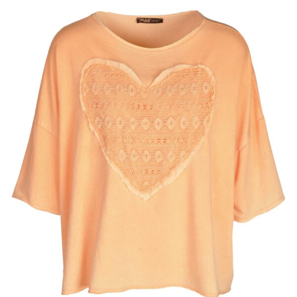 Raw-edge crochet heart oversized top