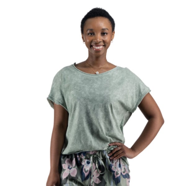 Melange print hi-lo raw-edge top
