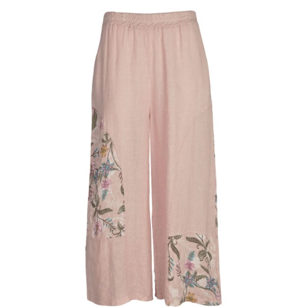 100% Linen floral patch wide leg pants