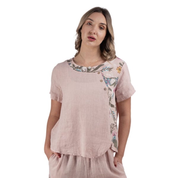 100% Linen button detail floral top