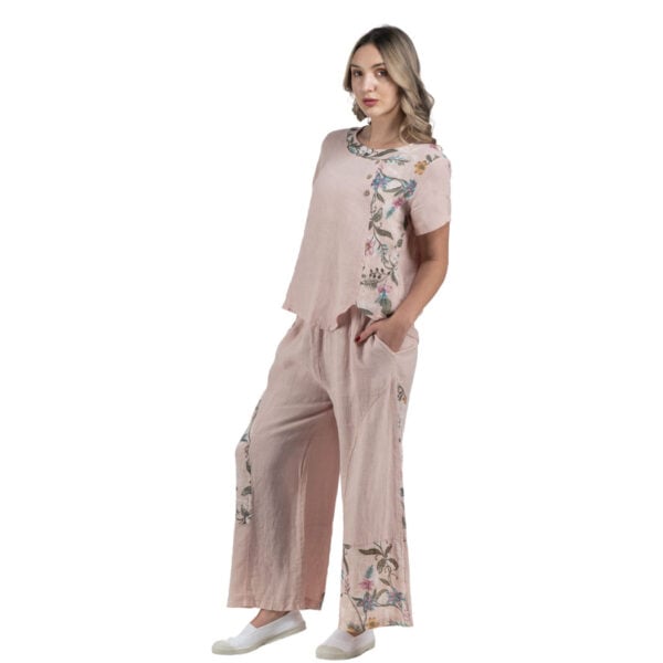 100% Linen floral patch wide leg pants