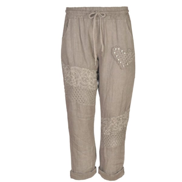 100% Linen embroidered crochet diamante heart pants