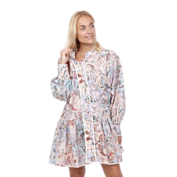 Pearl button belted paisley dress