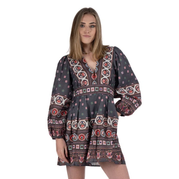 Geometric floral bubble sleeve mini dress