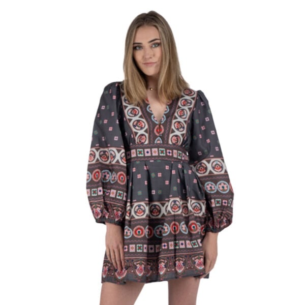 Geometric floral bubble sleeve mini dress