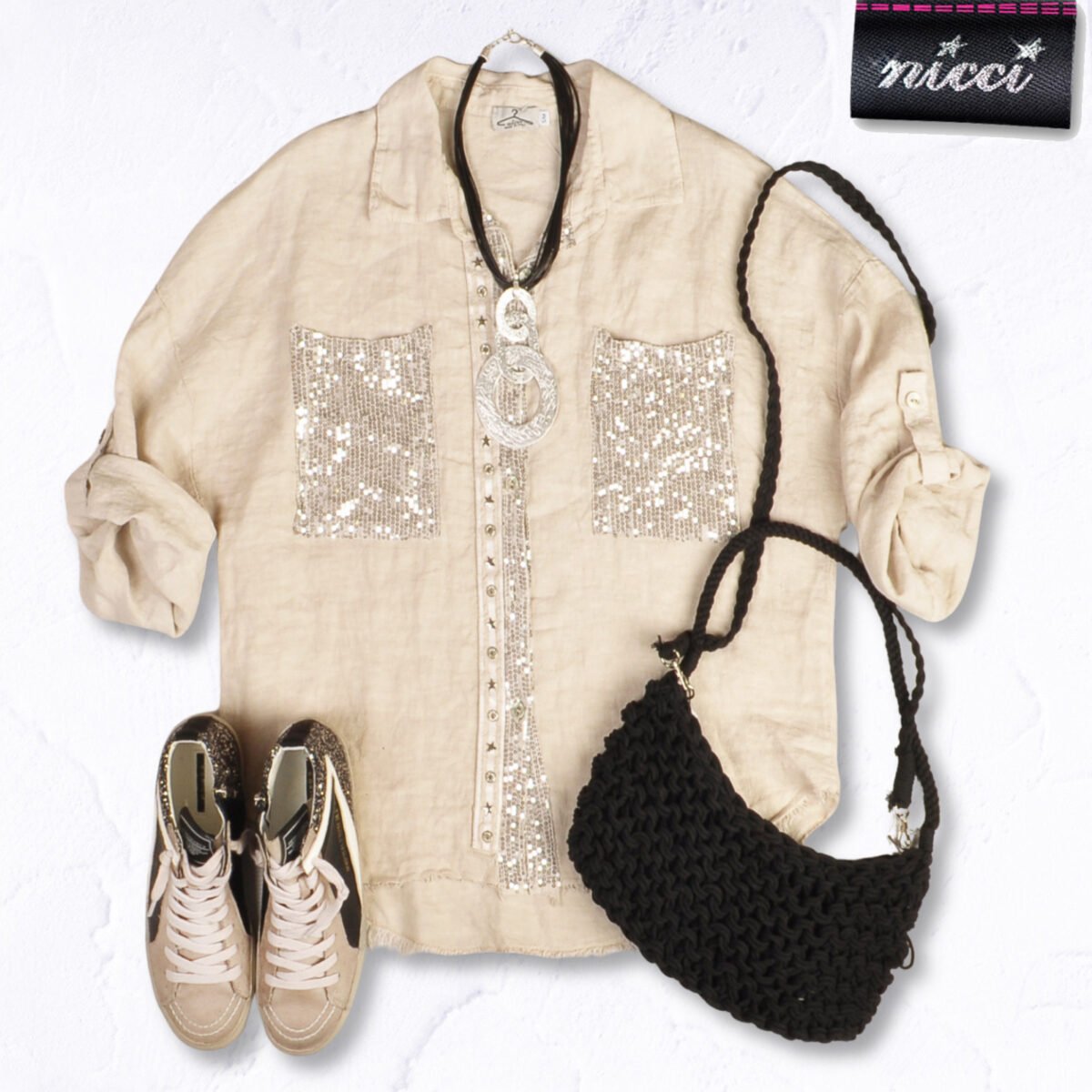 100% Linen diamante pocket shirt