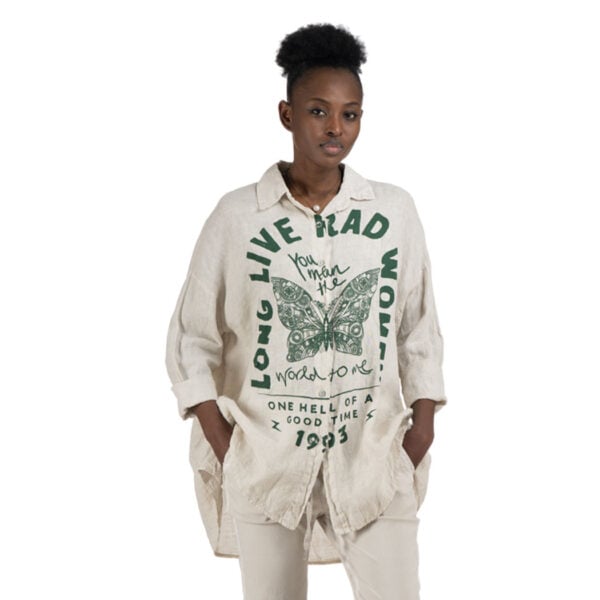 100% Linen butterfly women print shirt