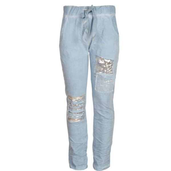 Sequin word patch pants