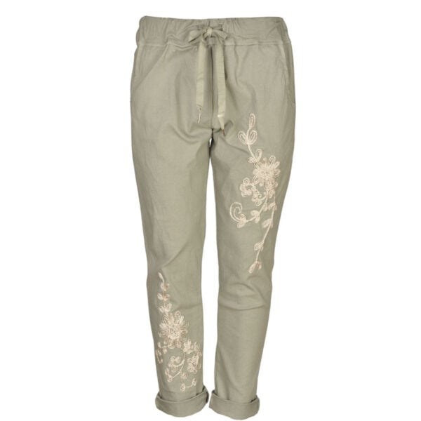 Embroidered flower drawstring pants