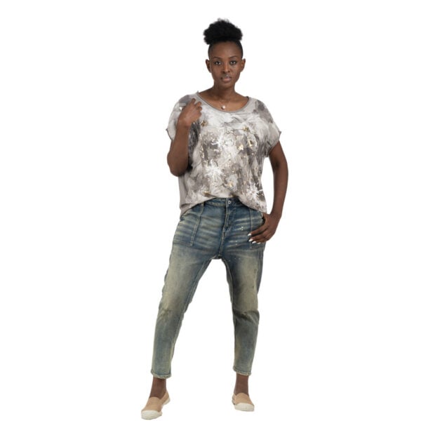 2-Textured foil flower word print top