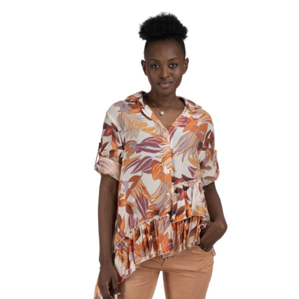 Leaf print asymmetrical frill blouse