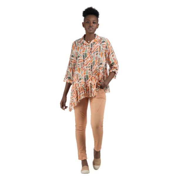 Geometric print asymmetrical frill blouse